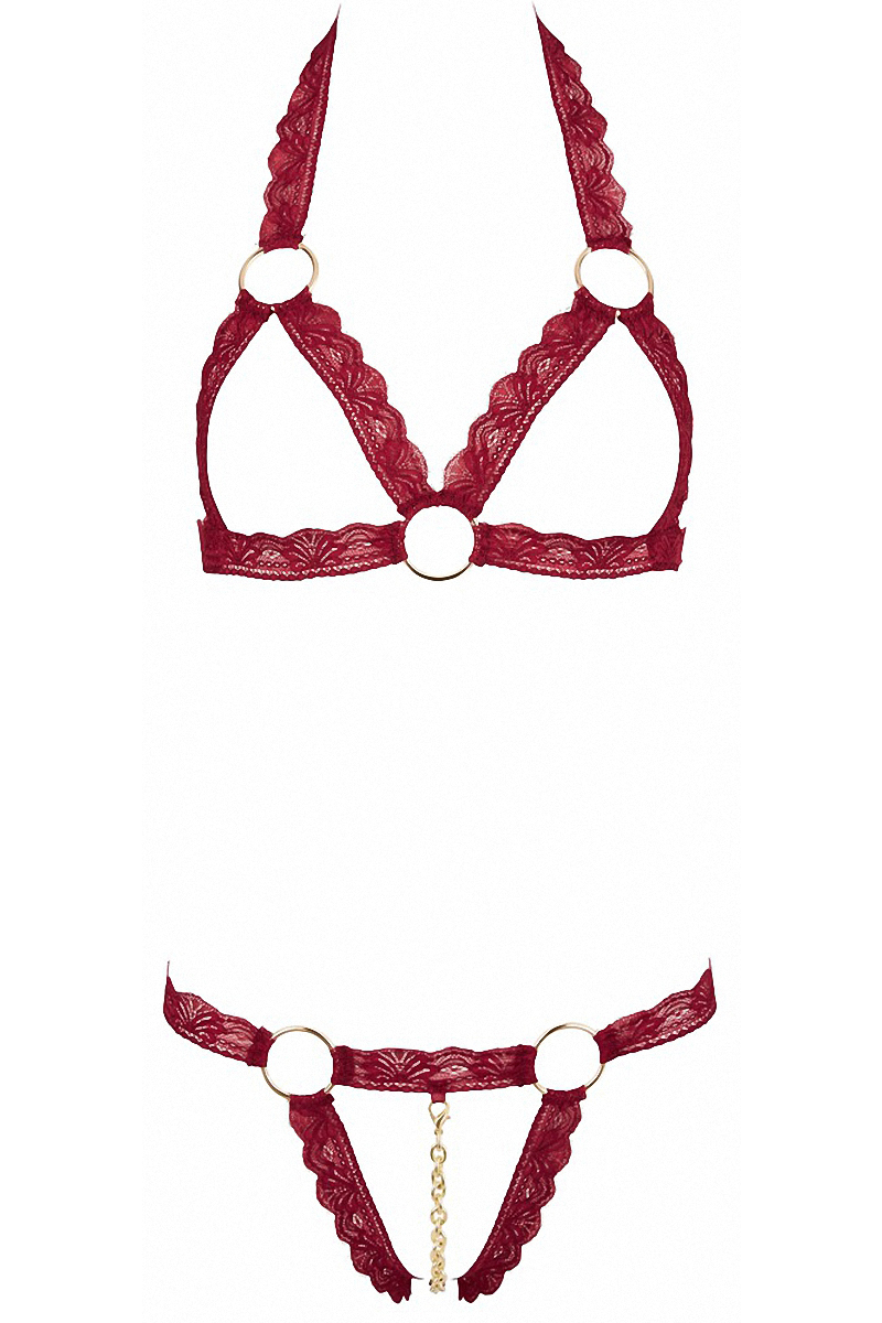 Ensemble string ouvert et seins nus bordeaux - Cottelli Lingerie – Image 2