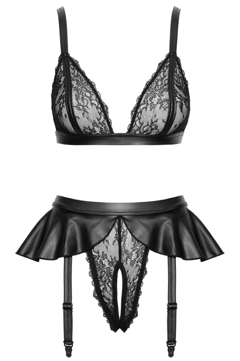 Soutien-gorge et slip fendu à jarretelles noir - Cottelli LINGERIE – Image 2